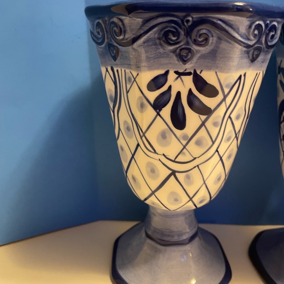 Tabletops Unlimited Hand-Painted Lisbon Blue White Ceramic Footed Goblets - Picture 2 of 10